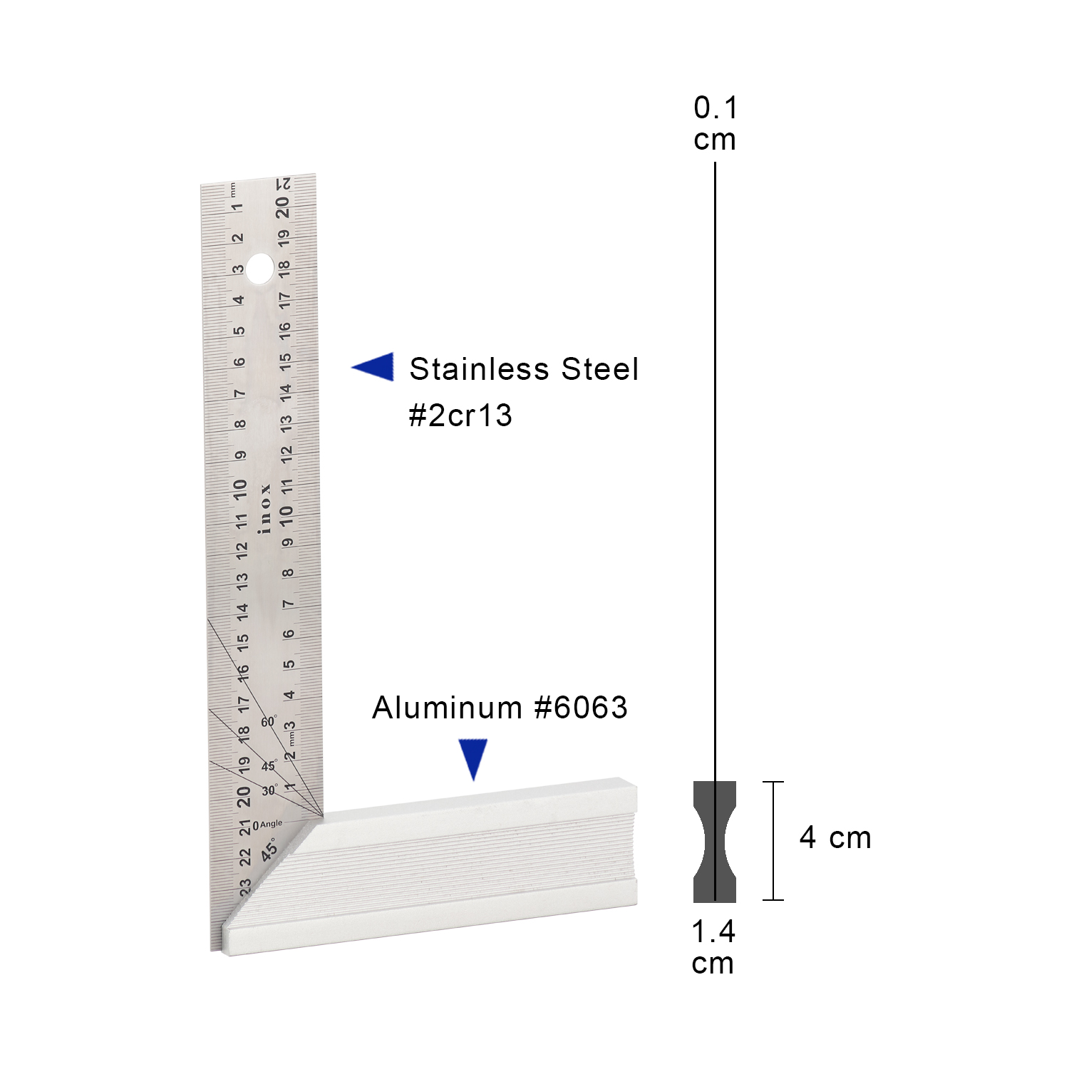 25 cm steel ruler for woodworking aluminum base L shaped ruler GAAL01250